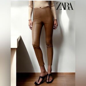 ZARA, High-Waisted Faux Leather Leggings, Small, Brown